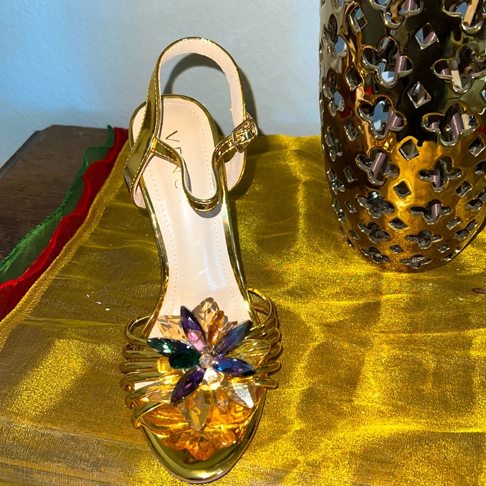 Hot! Gold ankle strap heels with beautiful crystals. New, never worn.